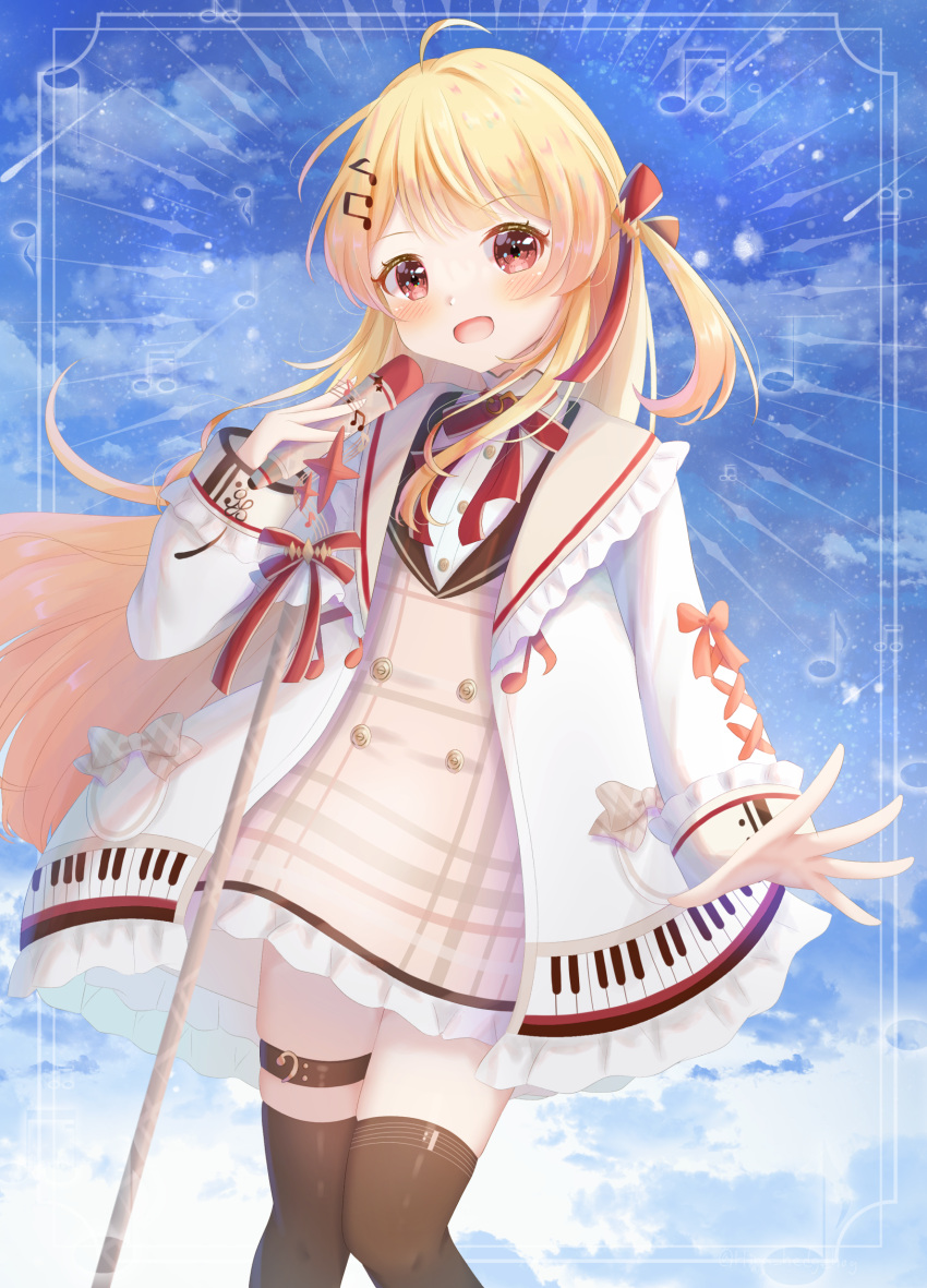 1girl absurdres ahoge black_thighhighs blonde_hair blue_sky blush brown_dress clouds dress hair_ornament hair_ribbon highres hinata_ruzuki holding holding_microphone hololive hololive_dev_is long_hair looking_at_viewer microphone musical_note musical_note_hair_ornament neck_ribbon open_mouth otonose_kanade otonose_kanade_(1st_costume) red_eyes red_ribbon ribbon sky smile solo thigh-highs thigh_strap very_long_hair virtual_youtuber