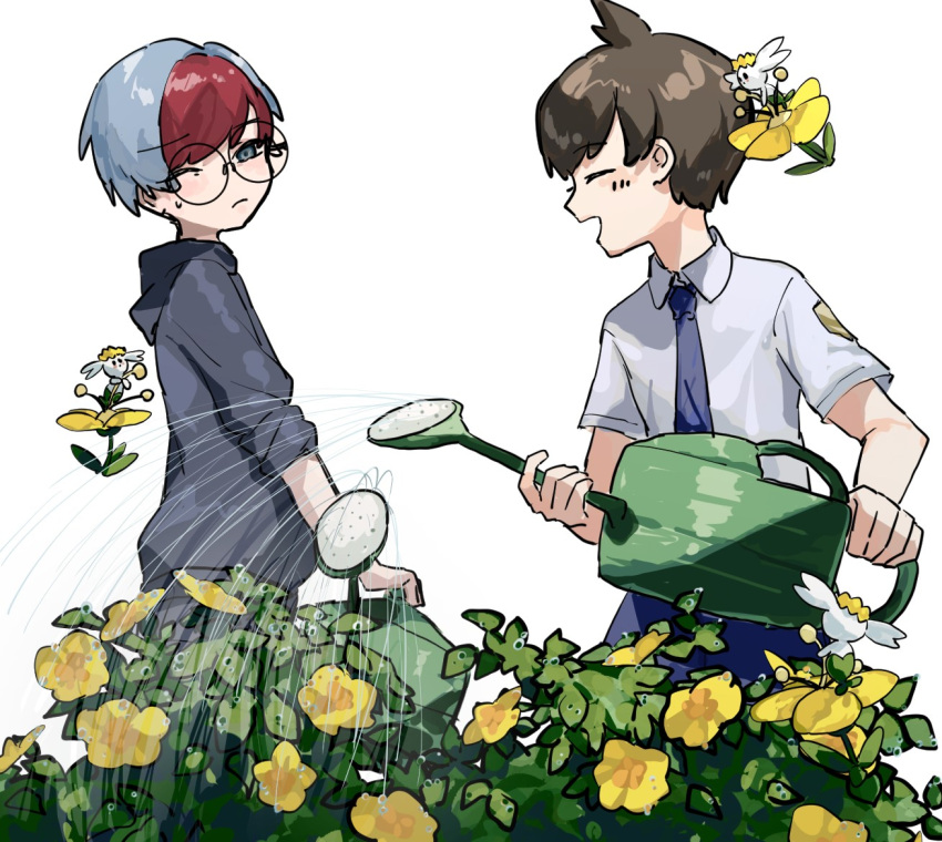 1boy 1girl blue_hair brown_hair closed_mouth collared_shirt flabebe flabebe_(yellow) florian_(pokemon) flower glasses grey_eyes holding holding_watering_can hood hoodie multicolored_hair necktie open_mouth penny_(pokemon) pokemon pokemon_(creature) pokemon_sv purple_necktie redhead round_eyewear school_uniform shirt short_hair smile two-tone_hair uva_academy_school_uniform watering watering_can yellow_flower zui_fz