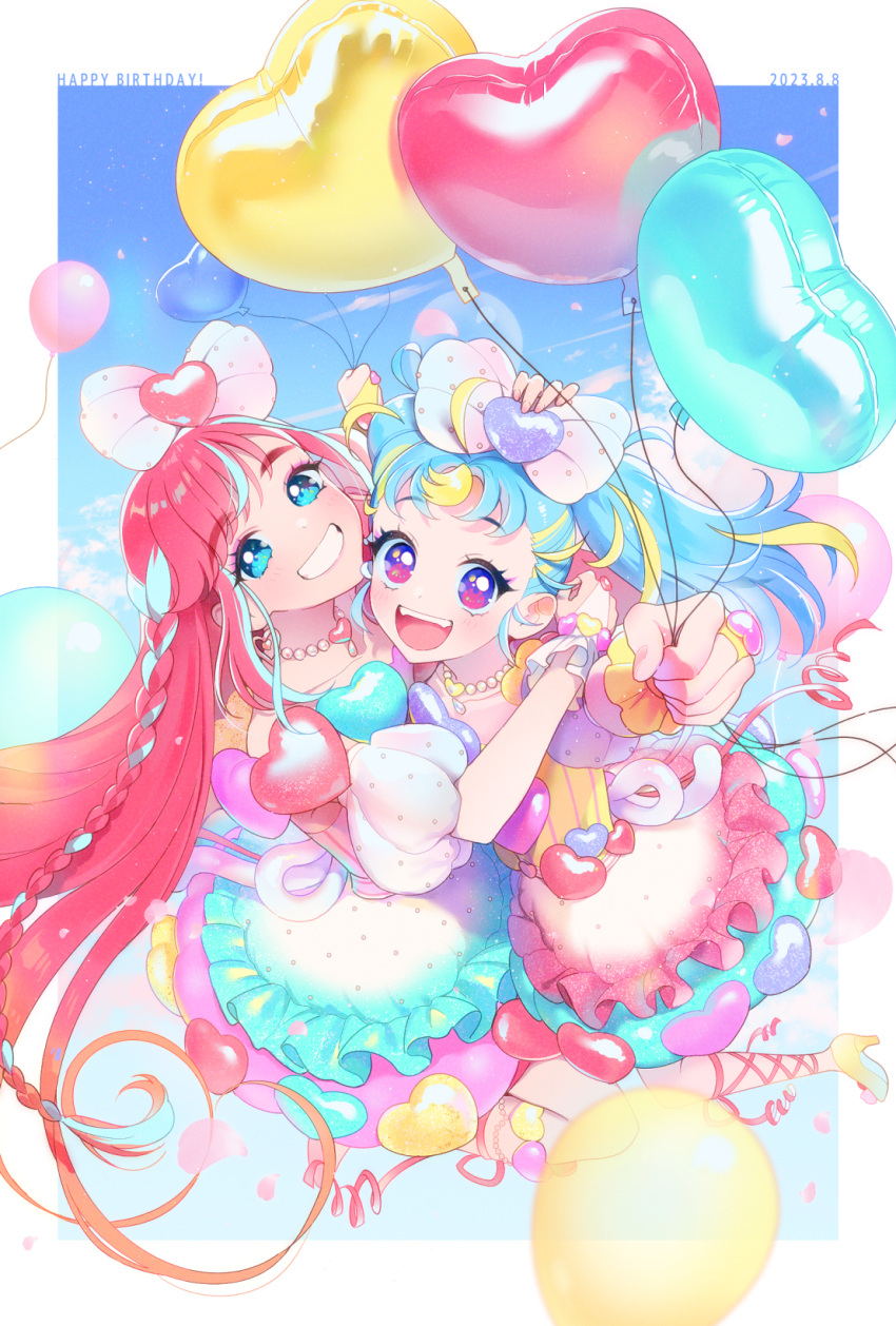 2girls balloon blonde_hair blue_eyes blue_hair blue_sky border bow bracelet braid dated dress english_text floating full_body hair_bow hand_on_another's_head happy_birthday heart heart_balloon hibino_matsuri hibino_matsuri_(primagista) high_heels highres holding holding_balloon hug idol_clothes jewelry jumping layered_dress long_hair looking_at_viewer multicolored_clothes multicolored_dress multicolored_eyes multicolored_hair multiple_girls myamu necklace open_mouth oshiri_(o4ritarou) parted_lips pearl_necklace pink_hair polka_dot pretty_series puffy_short_sleeves puffy_sleeves short_sleeves sky smile streaked_hair teeth twintails violet_eyes waccha_primagi! white_border