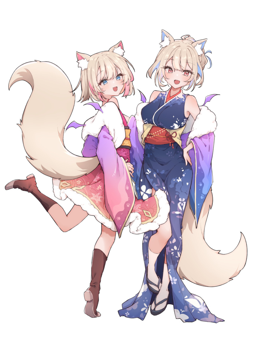2girls :d absurdres airenif alternate_costume animal_ear_fluff animal_ears blonde_hair blue_eyes blue_hair boots commentary dog_ears dog_girl dog_tail floral_print full_body fur-trimmed_kimono fur_trim fuwawa_abyssgard hair_bun hand_on_own_hip highres hololive hololive_english japanese_clothes kimono long_sleeves looking_at_viewer mococo_abyssgard multicolored_hair multiple_girls obi off_shoulder pink_eyes pink_hair sash short_hair short_kimono siblings simple_background sisters smile socks standing standing_on_one_leg streaked_hair tabi tail tiptoes twins virtual_youtuber white_background white_socks wide_sleeves zouri