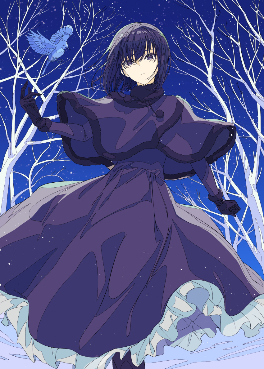 1girl absurdres animal bird black_capelet black_dress black_eyes black_gloves black_hair blue_bird capelet closed_mouth commentary_request dress expressionless floating_hair flying fur-trimmed_capelet fur_collar fur_trim gloves highres kuonji_alice long_sleeves looking_at_viewer lost_robin_rondo mahou_tsukai_no_yoru night night_sky outdoors short_hair sky snow snowing tree xtango
