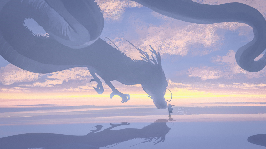 1girl absurdres chinese_zodiac clouds dragon dress eastern_dragon highres horizon morning new_year nothingblues_yuki original scarf scenery shadow standing sunrise whiskers year_of_the_dragon