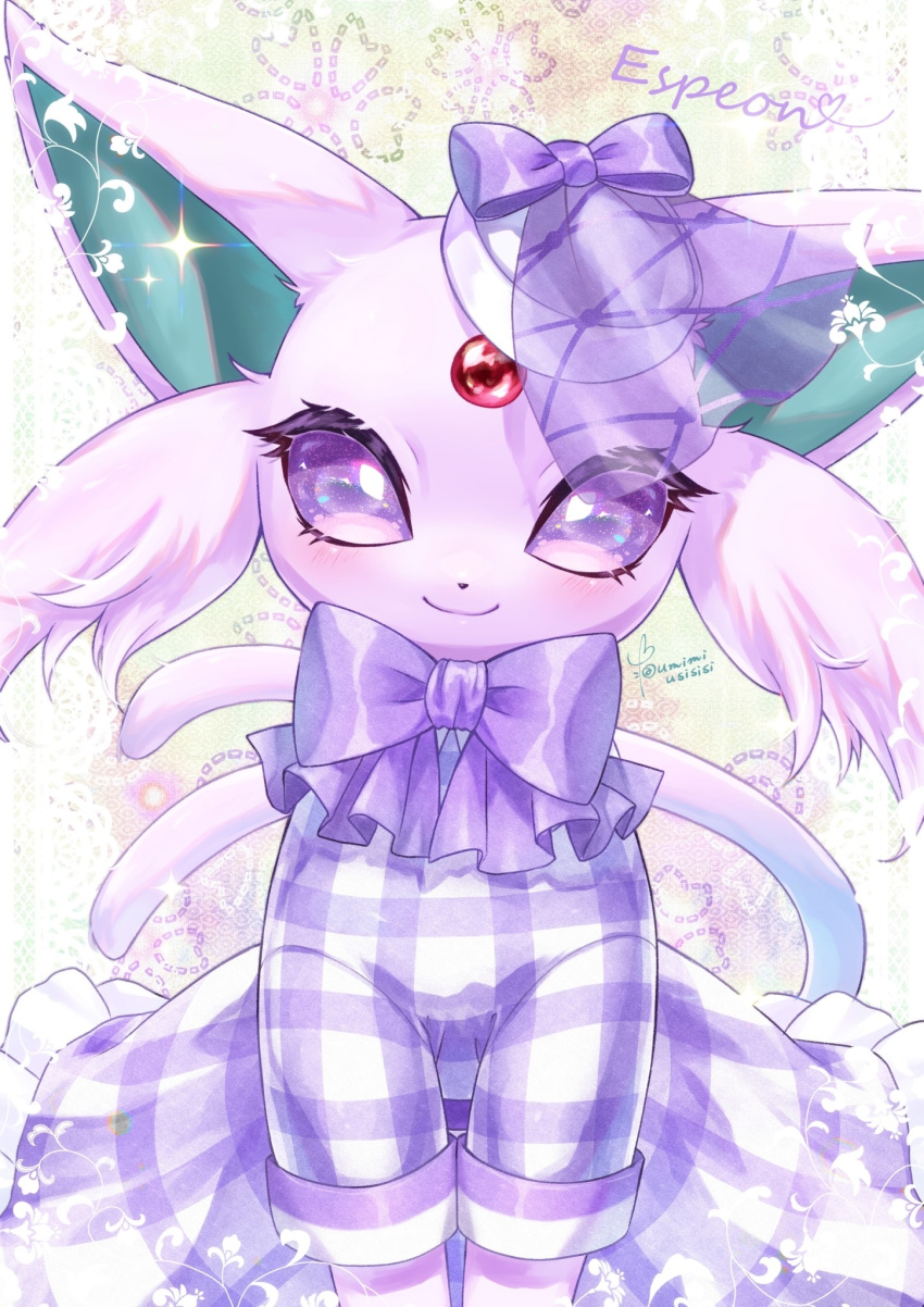 aije blush bow bowtie closed_mouth clothed_pokemon espeon eyelashes forehead_jewel hat looking_at_viewer no_humans plaid plaid_skirt pokemon pokemon_(creature) purple_bow purple_bowtie skirt smile solo tail violet_eyes