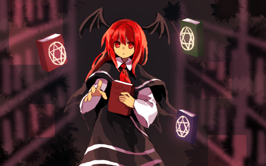 1girl bat_wings black_capelet black_skirt black_wings book capelet collared_shirt commentary_request cowboy_shot english_text floating floating_book floating_object frown head_wings holding holding_book kaigen_1025 koakuma long_hair long_sleeves looking_at_viewer necktie pentagram red_eyes red_necktie redhead shirt skirt solo touhou white_shirt wings
