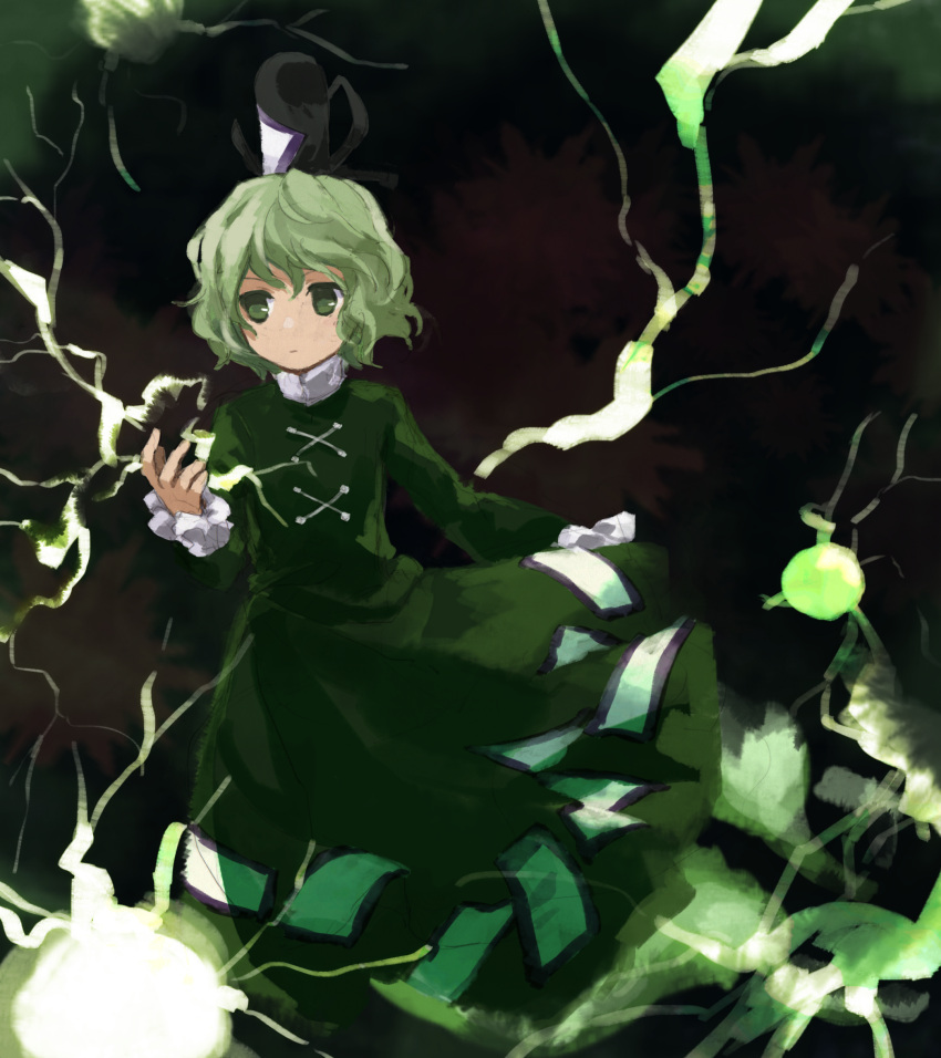 1girl absurdres black_headwear closed_mouth commentary_request dress flat_chest frilled_sleeves frills ghost_tail green_dress green_eyes green_hair hand_up hat highres kaigen_1025 lightning long_sleeves ofuda ofuda_on_clothes short_hair soga_no_tojiko tate_eboshi touhou