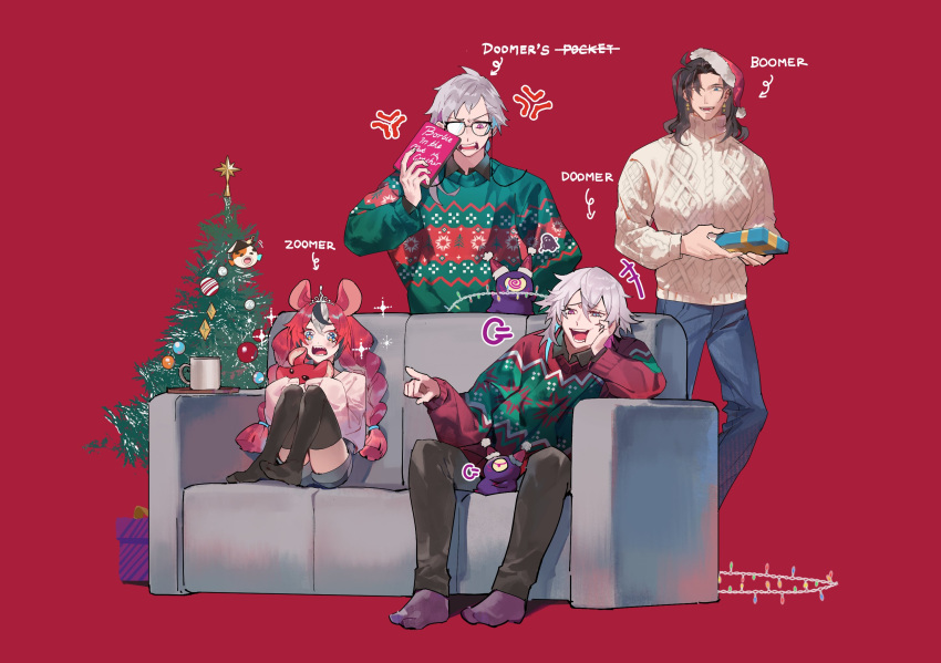 1girl 3boys anger_vein animal_ears baggy_clothes barbie_(franchise) bettel_2_(gavis_bettel) black_hair black_thighhighs blue_eyes blue_hair braid christmas_ornaments christmas_present christmas_sweater christmas_tree couch denim earrings english_commentary english_text full_body gavis_bettel gift glasses grey_hair hakos_baelz hat heterochromia highres hololive hololive_english holostars holostars_english jeans jewelry josuiji_shinri knees_up koipanion_(josuiji_shinri) laughing long_hair looking_ahead looking_at_another lynnear mouse_ears mr._squeaks_(hakos_baelz) multicolored_hair multiple_boys on_couch open_mouth pants phantom_(gavis_bettel) pink_eyes pink_hair pointing purple_socks red_background redhead santa_hat short_hair shorts siblings sitting socks sparkle standing thigh-highs tiara twin_braids twins virtual_youtuber