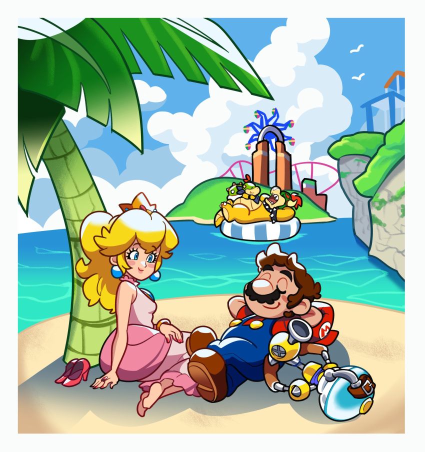 absurdres arms_behind_head barefoot beach bird blonde_hair blue_eyes blue_overalls bowser bowser_jr. brown_footwear brown_hair closed_eyes clouds cloudy_sky crown earrings f.l.u.d.d. ferris_wheel gold_bracelet highres inflatable_raft jewelry leaf lipstick loveycloud lying makeup mario on_back on_ground overalls palm_tree pink_lips ponytail princess_peach red_footwear red_nails red_shirt ring roller_coaster shirt shoes sitting sky sleeping smile super_mario_bros. super_mario_sunshine tree unworn_shoes