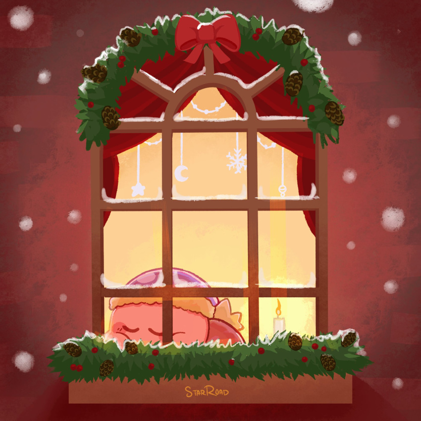 candle christmas closed_eyes colored_skin highres kirby kirby_(series) no_humans pinecone pink_skin pom_pom_(clothes) signature sleeping snowing solo star_(symbol) starroad window