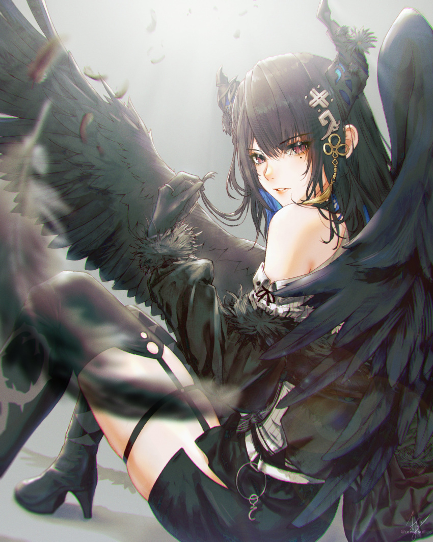 1girl absurdres anversailles asymmetrical_horns black_dress black_footwear black_gloves black_hair black_thighhighs blue_hair colored_inner_hair demon_horns dress feathered_wings feathers fur-trimmed_jacket fur_trim gloves high_heels highres holding holding_weapon hololive hololive_english horns jacket long_hair looking_at_viewer low_wings mole mole_under_eye multicolored_hair nerissa_ravencroft nerissa_ravencroft_(1st_costume) red_eyes shirt solo thigh-highs thigh_strap virtual_youtuber weapon white_shirt wings