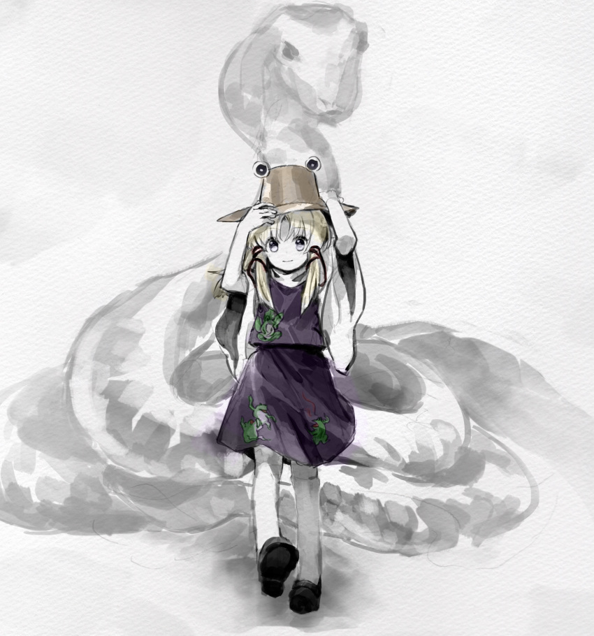 1girl absurdres animal_print black_footwear blonde_hair brown_headwear closed_mouth colored_skin commentary_request flat_chest frog_hat frog_print full_body hat highres kaigen_1025 kneehighs long_hair looking_at_viewer mishaguji moriya_suwako purple_skirt purple_vest short_sleeves simple_background skirt smile snake socks sweater touhou vest white_background white_eyes white_skin white_socks white_sweater wide_sleeves