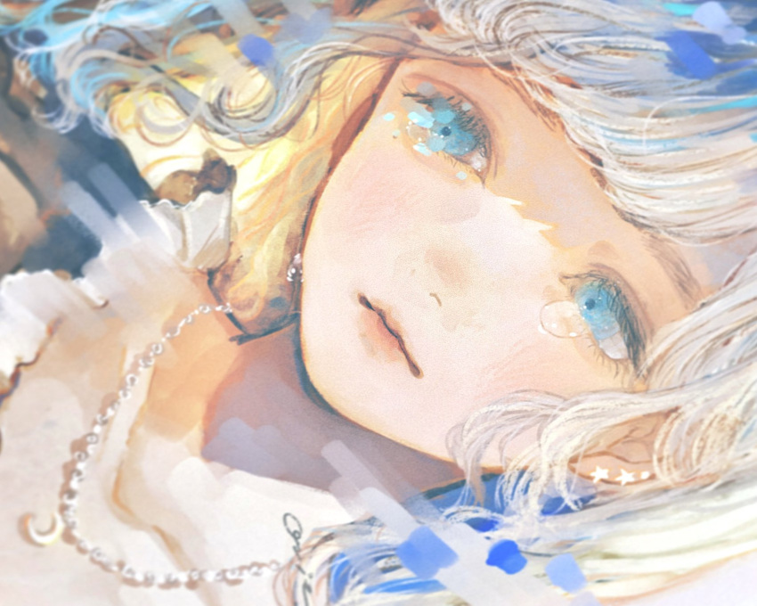 1girl blue_eyes close-up commentary_request crescent crescent_necklace crying crying_with_eyes_open expressionless highres jewelry looking_at_viewer necklace orie_h original solo tears white_hair