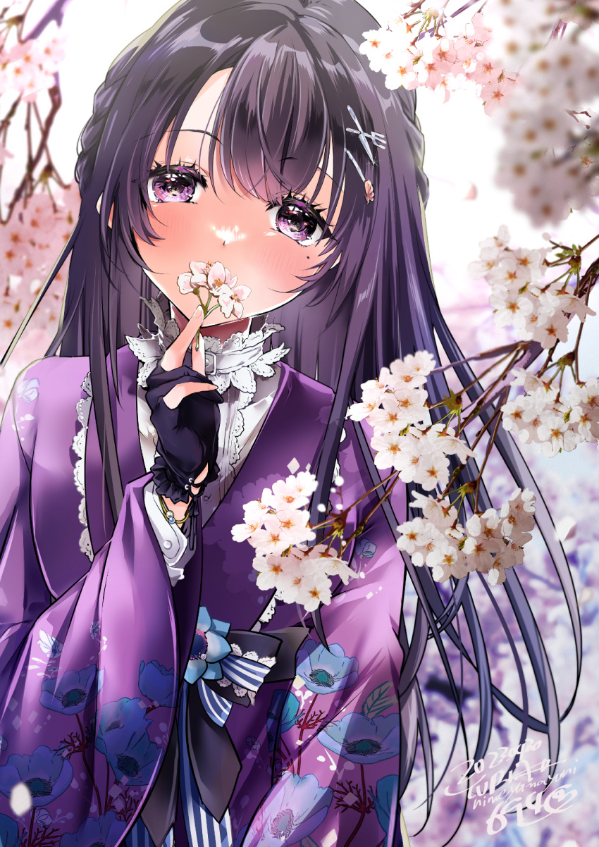 1girl alternate_costume alternate_hair_length alternate_hairstyle black_hair blurry blurry_background blush breasts cherry_blossoms commentary_request commission dated flower hair_between_eyes hair_ornament hairclip highres himeyamayuri indie_virtual_youtuber japanese_clothes kimono looking_at_viewer medium_breasts mole mole_under_eye nagino_mashiro signature skeb_commission solo violet_eyes virtual_youtuber