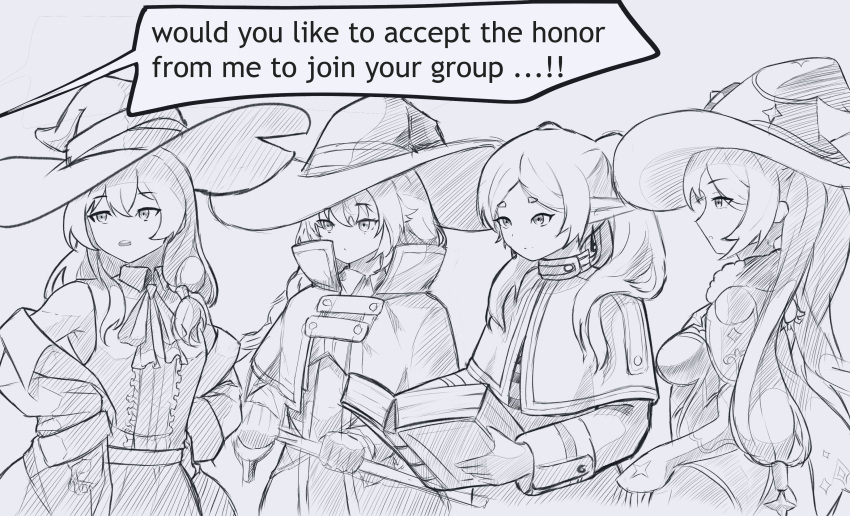 4girls absurdres book braid commentary crossover egalo elaina_(majo_no_tabitabi) english_commentary expressionless frieren genshin_impact greyscale hands_on_own_hips hat highres holding holding_book holding_staff long_hair looking_at_another mage_staff majo_no_tabitabi mona_(genshin_impact) monochrome multiple_girls mushoku_tensei parted_lips pointy_ears pool roxy_migurdia simple_background sousou_no_frieren staff trait_connection twintails upper_body white_background witch_hat