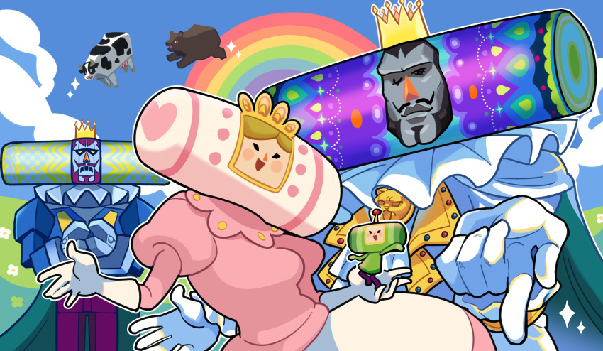 1girl 1other 2boys bear black_eyes black_hair blonde_hair blue_suit blush cape clouds cow crown dress facial_hair flower frills gloves grasslands highres katamari_damacy king_of_all_cosmos loveycloud multiple_boys mustache one_eye_closed open_mouth outline pants pink_dress pointing pointing_at_viewer purple_hair purple_pants queen_of_all_cosmos rainbow roboking_(katamari_damacy) robot sparkle suit the_prince_(katamari_damacy) white_gloves white_outline white_suit yellow_eyes