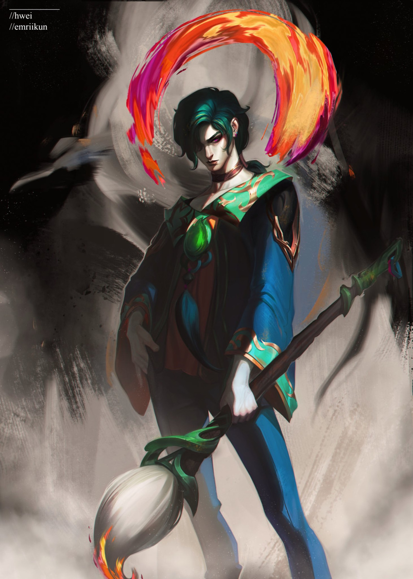 1boy artist_name blue_pants closed_mouth collarbone cowboy_shot earrings emriikun expressionless green_hair hair_over_one_eye hand_in_pocket highres holding holding_brush hwei_(league_of_legends) jewelry league_of_legends long_hair long_sleeves looking_at_viewer male_focus paintbrush pale_skin pants ponytail solo standing swept_bangs violet_eyes wide_sleeves