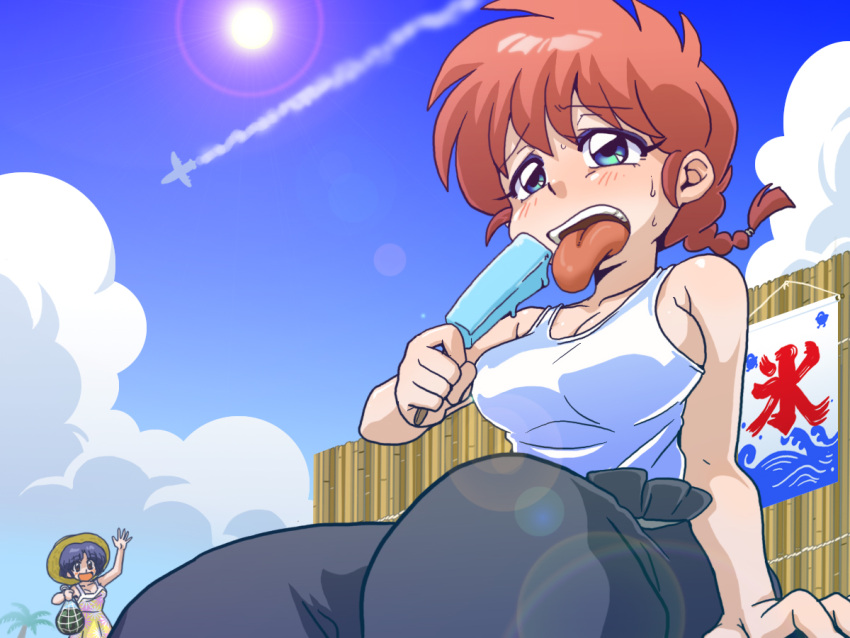 2girls aircraft airplane blue_hair blue_sky blush braid braided_ponytail breasts clouds cloudy_sky food hat large_breasts multiple_girls open_mouth popsicle ranma-chan ranma_1/2 redhead salute short_hair sitting sky sun tendou_akane tongue tongue_out wanta_(futoshi)