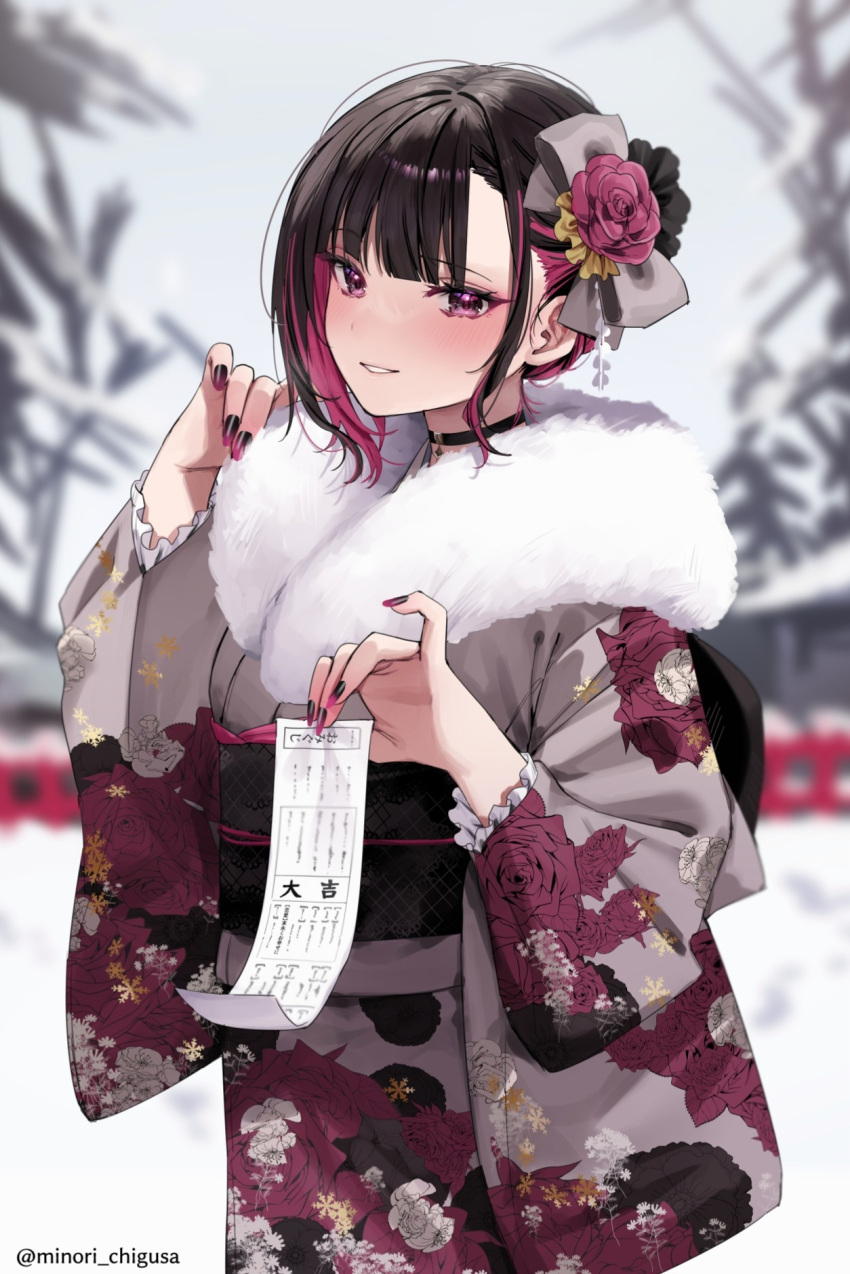 1girl black_choker black_nails blush brown_hair chigusa_minori choker colored_inner_hair commentary_request floral_print floral_print_kimono flower fur-trimmed_kimono fur_trim furisode gradient_nails hair_flower hair_ornament highres japanese_clothes kimono long_sleeves looking_at_viewer multicolored_hair obi omikuji outdoors parted_lips purple_hair purple_kimono purple_nails sash shino_to_ren shirayuki_ren short_hair snow solo twitter_username two-tone_hair violet_eyes winter