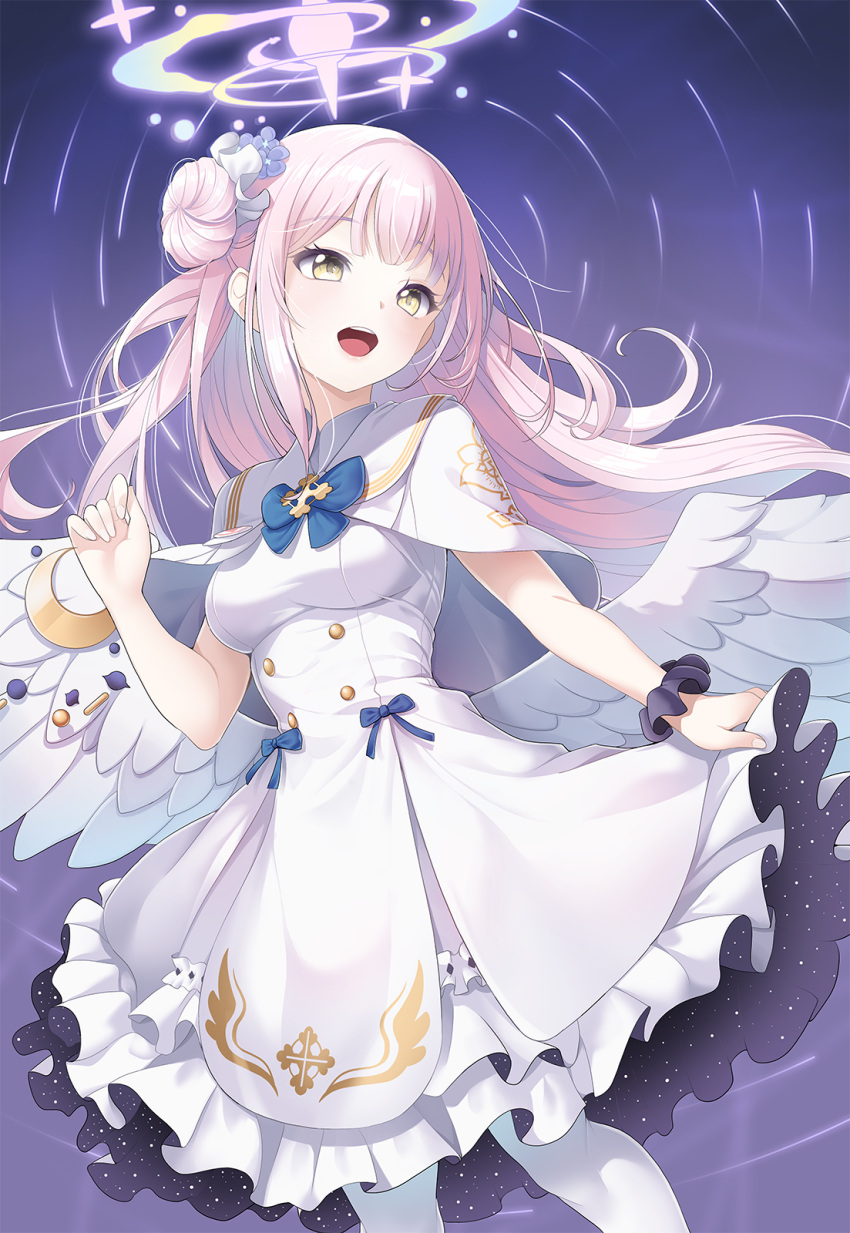 1girl angel_wings black_scrunchie blue_archive capelet crescent crescent_pin dress feathered_wings feet_out_of_frame flower frilled_dress frills hair_bun hair_flower hair_ornament halo highres koflif long_hair mika_(blue_archive) open_mouth pantyhose pink_hair pink_halo purple_flower scrunchie single_side_bun smile solo white_capelet white_dress white_pantyhose white_wings wings wrist_scrunchie yellow_eyes