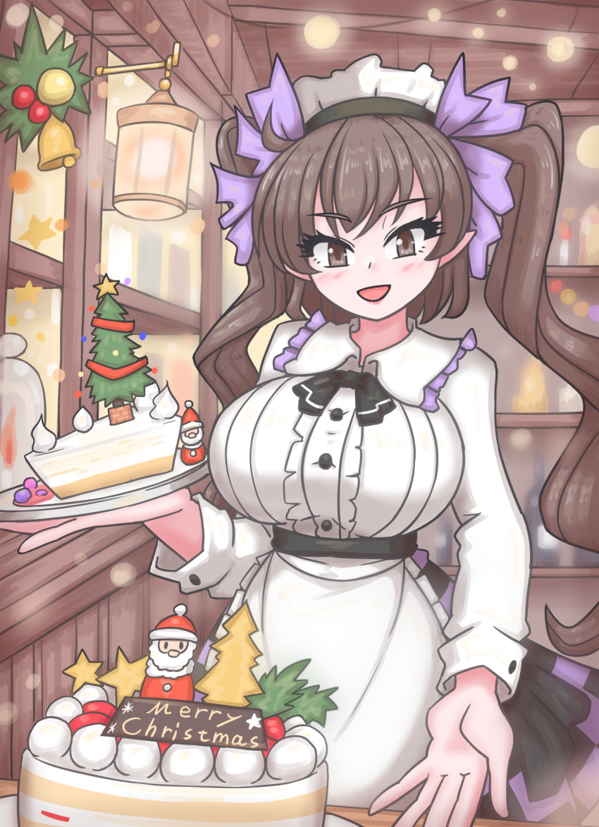 1girl apron black_hairband breasts brown_eyes brown_hair buttons cake christmas food frilled_apron frilled_headwear frilled_shirt_collar frills hairband highres himekaidou_hatate holding holding_cake holding_food holding_plate indoors long_sleeves looking_at_viewer mini_christmas_tree plaid plaid_skirt plate pointy_ears puffy_long_sleeves puffy_sleeves purple_ribbon ribbon shirt skirt smile solo temu touhou twintails two-tone_skirt white_apron white_shirt