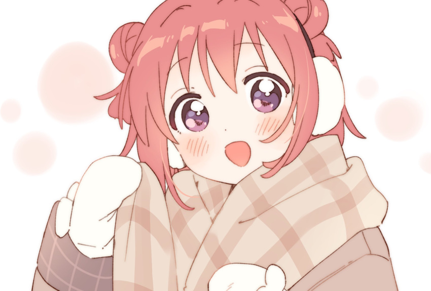 1girl akaza_akari blush brown_coat brown_scarf coat dotted_background double_bun earmuffs hair_bun hair_intakes hands_up highres holding holding_clothes holding_scarf looking_at_viewer mittens namori open_mouth plaid plaid_scarf plaid_sleeves puffy_sleeves redhead scarf smile solo violet_eyes white_background white_mittens yuru_yuri