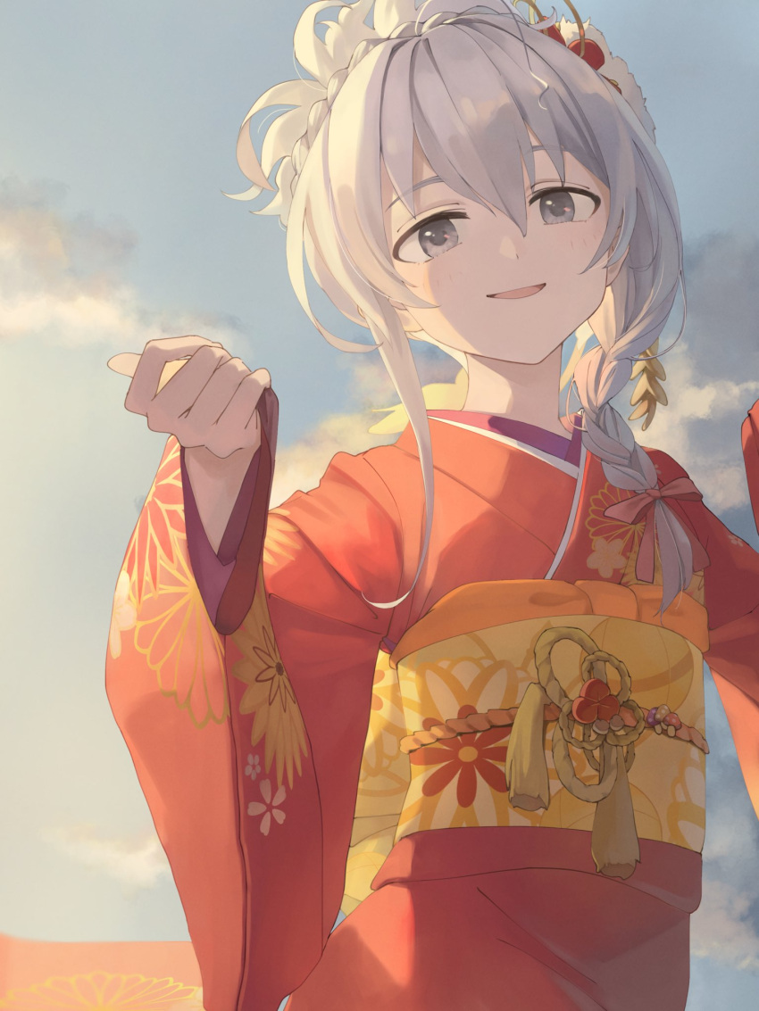 1girl beaky45779868 braid clouds commentary_request dawn grey_eyes grey_hair hair_ornament hair_ribbon hair_up hands_up hatsumoude highres hoshi_syoko idolmaster idolmaster_cinderella_girls japanese_clothes kimono looking_at_viewer obi outdoors parted_lips red_kimono ribbon sash side_braid sky smile solo tassel