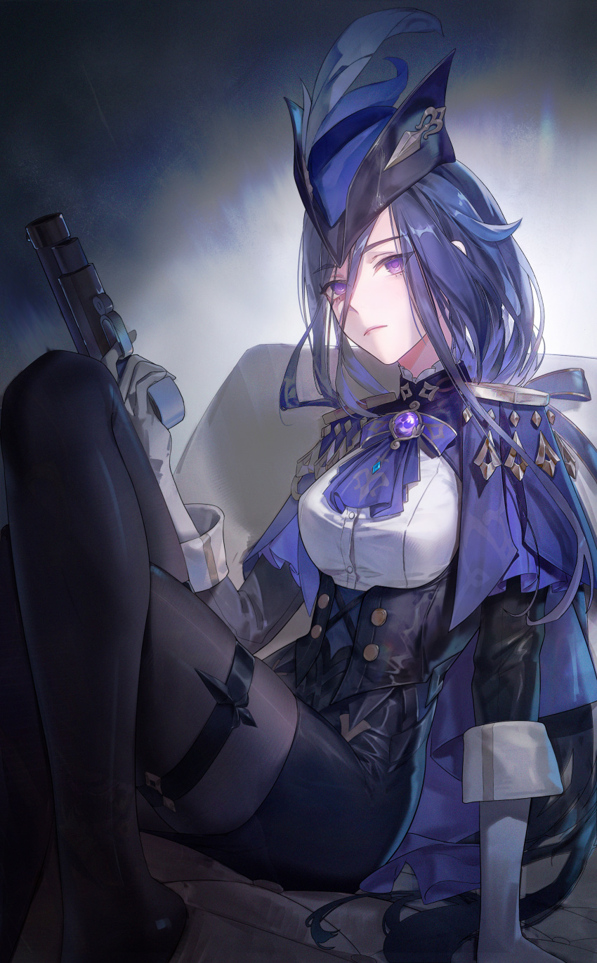 1girl absurdres black_gloves black_hair black_pantyhose blue_cape blue_hair blue_headwear breasts cape clorinde_(genshin_impact) closed_mouth commentary_request corset crossed_legs epaulettes expressionless feathers finger_on_trigger genshin_impact gloves gun handgun hat hat_feather highres holding holding_gun holding_weapon long_hair long_sleeves pantyhose solo thigh_strap tricorne uniform violet_eyes vision_(genshin_impact) weapon white_gloves yulin_tian