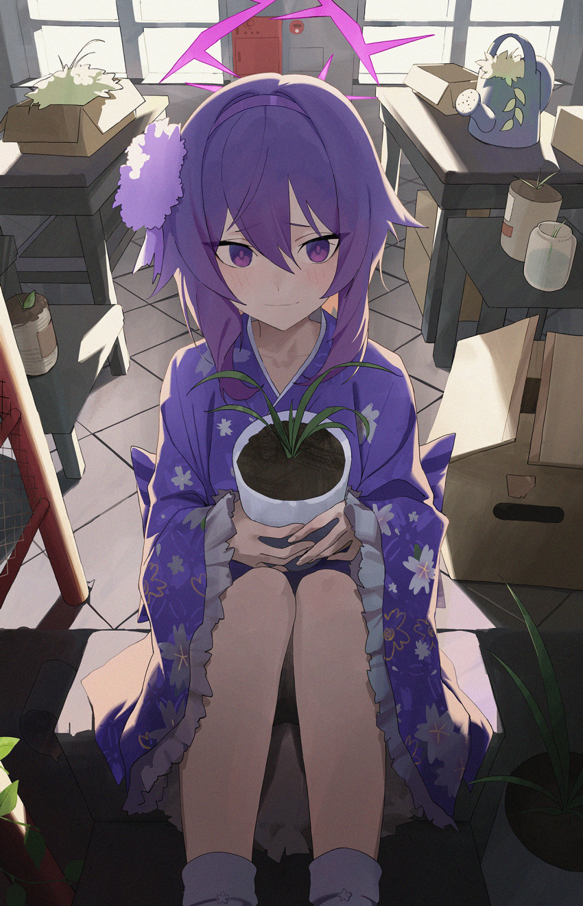 1girl blue_archive blush closed_mouth flower fukaumi_suichu hair_between_eyes hair_flower hair_ornament halo haruka_(blue_archive) haruka_(new_year)_(blue_archive) highres indoors japanese_clothes kimono long_sleeves looking_at_viewer medium_hair plant potted_plant purple_flower purple_hair purple_halo purple_kimono socks solo violet_eyes watering_can white_socks wide_sleeves