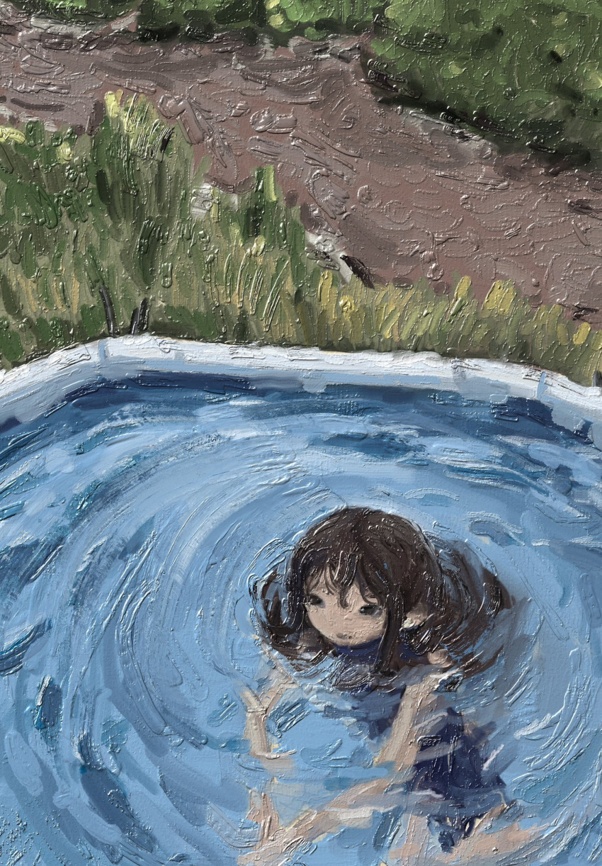 1girl black_eyes brown_hair faux_traditional_media felurya from_above grass highres impasto original painterly partially_submerged path solo water