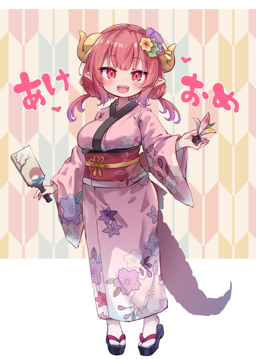 1girl alternate_costume breasts dragon_girl dragon_horns dragon_tail floral_print flower full_body gradient_hair hagoita hair_flower hair_ornament hane_(hanetsuki) highres holding horns ilulu_(maidragon) japanese_clothes kimono kobayashi-san_chi_no_maidragon kolshica large_breasts long_hair looking_at_viewer multicolored_hair new_year obi oppai_loli paddle pink_hair pink_kimono pointy_ears red_eyes redhead sash short_twintails slit_pupils smile socks solo standing tail twintails white_socks wide_sleeves