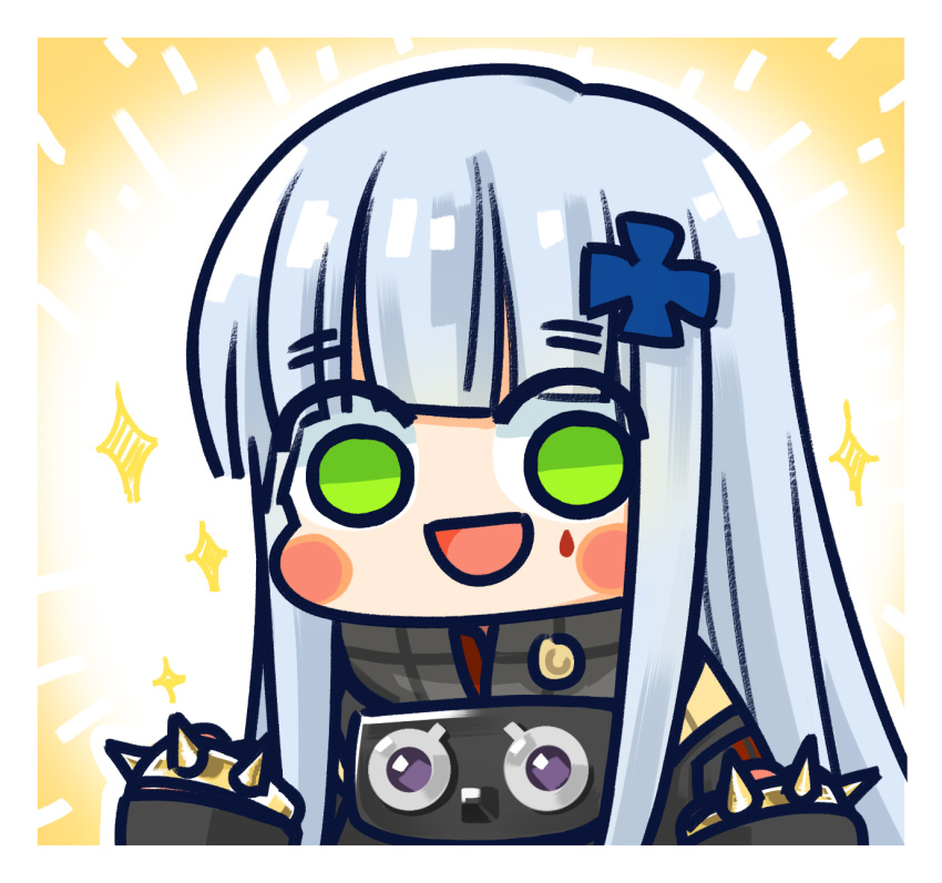 1girl :d black_jacket blunt_bangs blush_stickers chibi chinese_commentary commentary_request cross cross_hair_ornament girls_frontline green_eyes grey_hair hair_ornament hands_up highres hk416_(girls'_frontline) iron_cross jacket long_hair looking_at_viewer official_art simple_background smile solo sparkle spiked_knuckles su_xiao_jei teardrop_facial_mark upper_body very_long_hair yellow_background