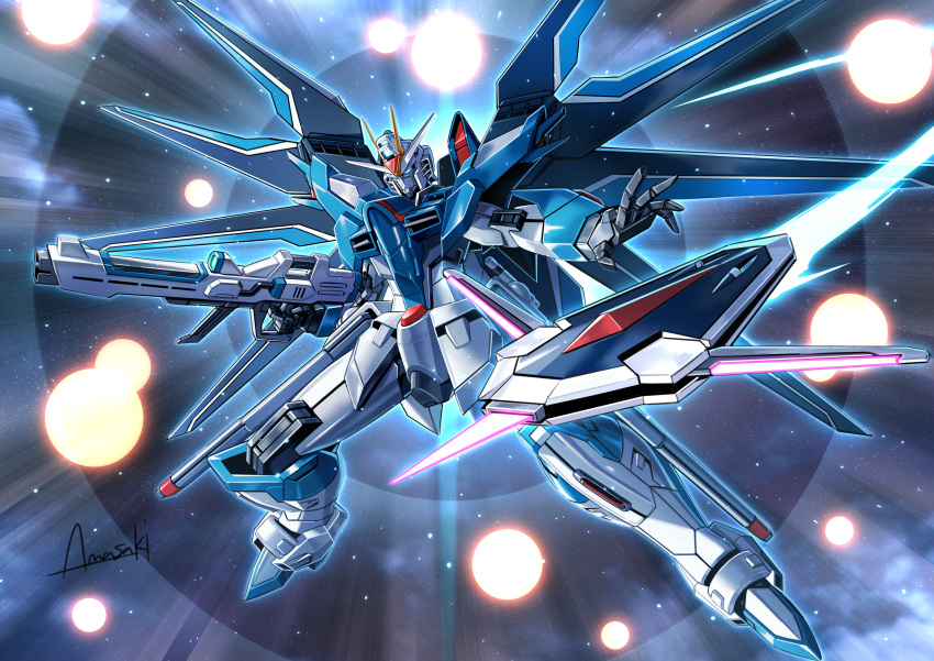 absurdres amasaki_yusuke beam_rifle blue_eyes commentary_request energy_gun explosion finger_on_trigger full_body glowing glowing_eyes gun gundam gundam_seed gundam_seed_freedom highres holding holding_gun holding_weapon legs_apart mecha mechanical_wings mobile_suit no_humans open_hand outstretched_arm rising_freedom_gundam robot science_fiction signature solo space star_(sky) v-fin weapon wings