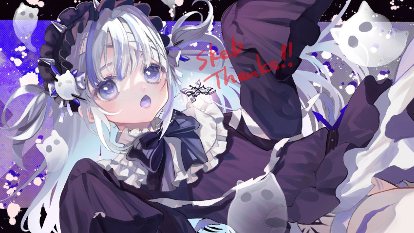 1girl amezawa_koma bandaged_head bandages black_dress blue_eyes blue_hair bow bowtie commentary_request commission dress frilled_hairband frilled_shirt_collar frills ghost ghost_girl ghost_hair_ornament hairband highres long_hair multicolored_hair open_mouth original skeb_commission sleeves_past_fingers sleeves_past_wrists solo streaked_hair two-tone_hair two_side_up white_hair