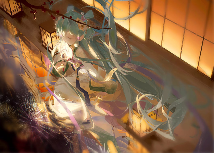 1girl architecture blue_hair branch closed_eyes covering_mouth double_bun east_asian_architecture facing_ahead fireworks flower full_body hair_between_eyes hair_bun hair_flower hair_ornament hand_fan hatsune_miku highres holding holding_fan japanese_clothes kimono kneeling lantern long_hair long_sleeves mole mole_under_eye obi outdoors paper_fan paper_lantern plum_blossoms pond reflection reflective_water samo_(shichun_samo) sash shouji sidelocks sliding_doors solo tassel twintails uchiwa very_long_hair vocaloid water white_flower white_kimono wide_sleeves