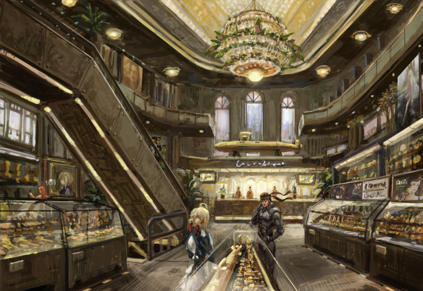 1boy 1girl absurdres ahoge black_headband blonde_hair bodysuit brown_hair chandelier commentary crossover double_bun elvafirst english_commentary escalator feet_out_of_frame grey_bodysuit hair_bun hair_ribbon headband highres indoors jewelry looking_at_another metal_gear_(series) metal_gear_solid painting_(object) red_ribbon ribbon shop short_hair solid_snake standing submarine violet_evergarden violet_evergarden_(series) watercraft wide_shot window