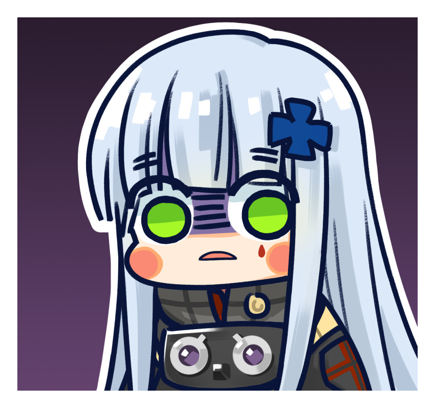 1girl black_jacket blunt_bangs blush_stickers chibi chinese_commentary commentary_request cross cross_hair_ornament frown girls_frontline green_eyes grey_hair hair_ornament highres hk416_(girls'_frontline) iron_cross jacket long_hair looking_at_viewer official_art parted_lips purple_background shaded_face simple_background solo su_xiao_jei teardrop_facial_mark upper_body very_long_hair