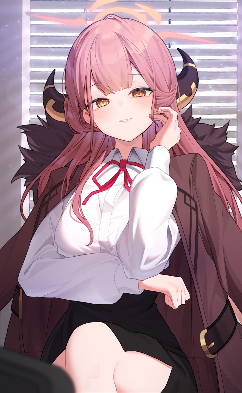 1girl absurdres aru_(blue_archive) black_horns black_skirt blue_archive blush brown_coat coat coat_on_shoulders collared_shirt demon_horns fur-trimmed_coat fur_trim halo highres horns long_hair long_sleeves looking_at_viewer neck_ribbon open_mouth pink_hair pink_halo red_ribbon ribbon seo_garam shirt skirt smile solo white_shirt yellow_eyes