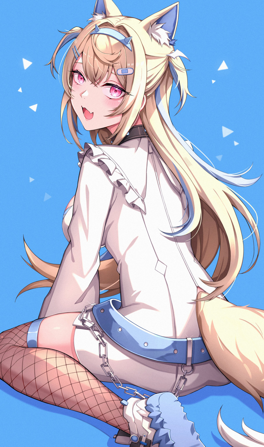 1girl absurdres animal_ear_fluff animal_ears bandaid bandaid_hair_ornament belt black_collar blonde_hair blue_background blue_belt blue_hair collar dog_ears dog_girl dog_tail dress fang fishnet_thighhighs fishnets fuwawa_abyssgard fuwawa_abyssgard_(1st_costume) hair_ornament hairpin highres hololive hololive_english looking_at_viewer multicolored_hair nurufufufu open_mouth pink_eyes sidelocks single_thighhigh skin_fang smile solo spiked_collar spikes streaked_hair tail thigh-highs two_side_up virtual_youtuber white_dress