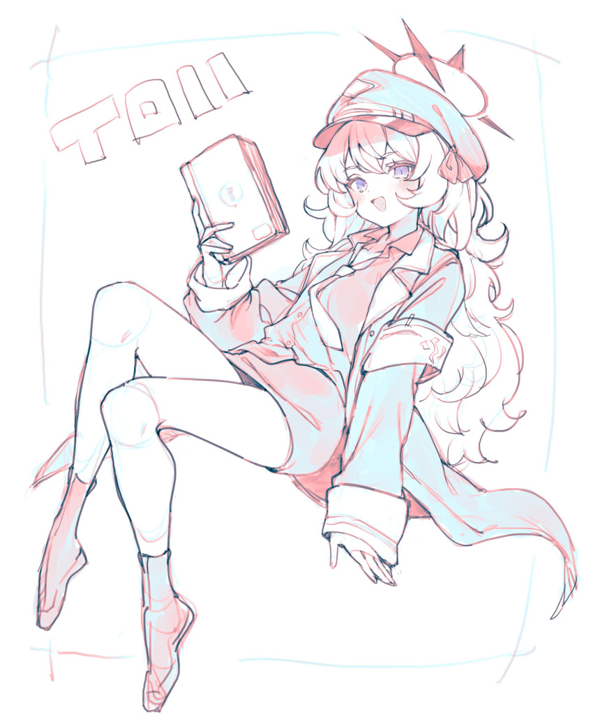 1girl absurdres blue_archive book coat collared_shirt full_body halo hat highres holding holding_book iroha_(blue_archive) long_hair long_sleeves necktie nosir_onadat open_mouth peaked_cap shirt sketch skirt smile socks solo violet_eyes