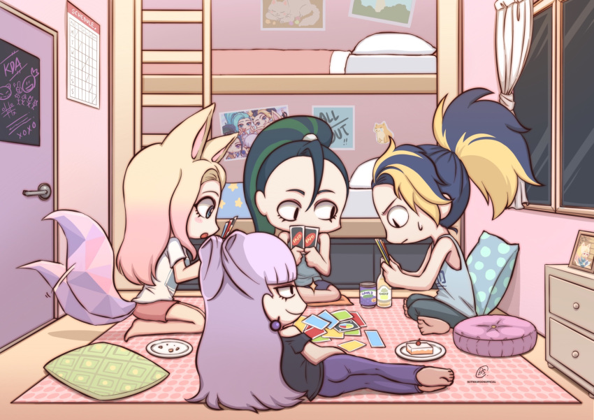 4girls ahri_(league_of_legends) akali barefoot bed black_hair blonde_hair blush_stickers bunk_bed butter_spoon card casual clothing_cutout commentary_request crystal_tail door earrings evelynn_(league_of_legends) food gradient_hair green_hair grey_tank_top high_ponytail highres holding holding_card indian_style jewelry k/da_(league_of_legends) kai'sa league_of_legends multicolored_hair multiple_girls multiple_tails nightstand photo_(object) pillow pink_hair ponytail purple_hair shirt shoulder_cutout sitting sparkle sticker streaked_hair sweatdrop t-shirt tail tank_top the_baddest_ahri the_baddest_akali the_baddest_evelynn the_baddest_kai'sa two-tone_hair uno_(game) white_shirt window yokozuwari
