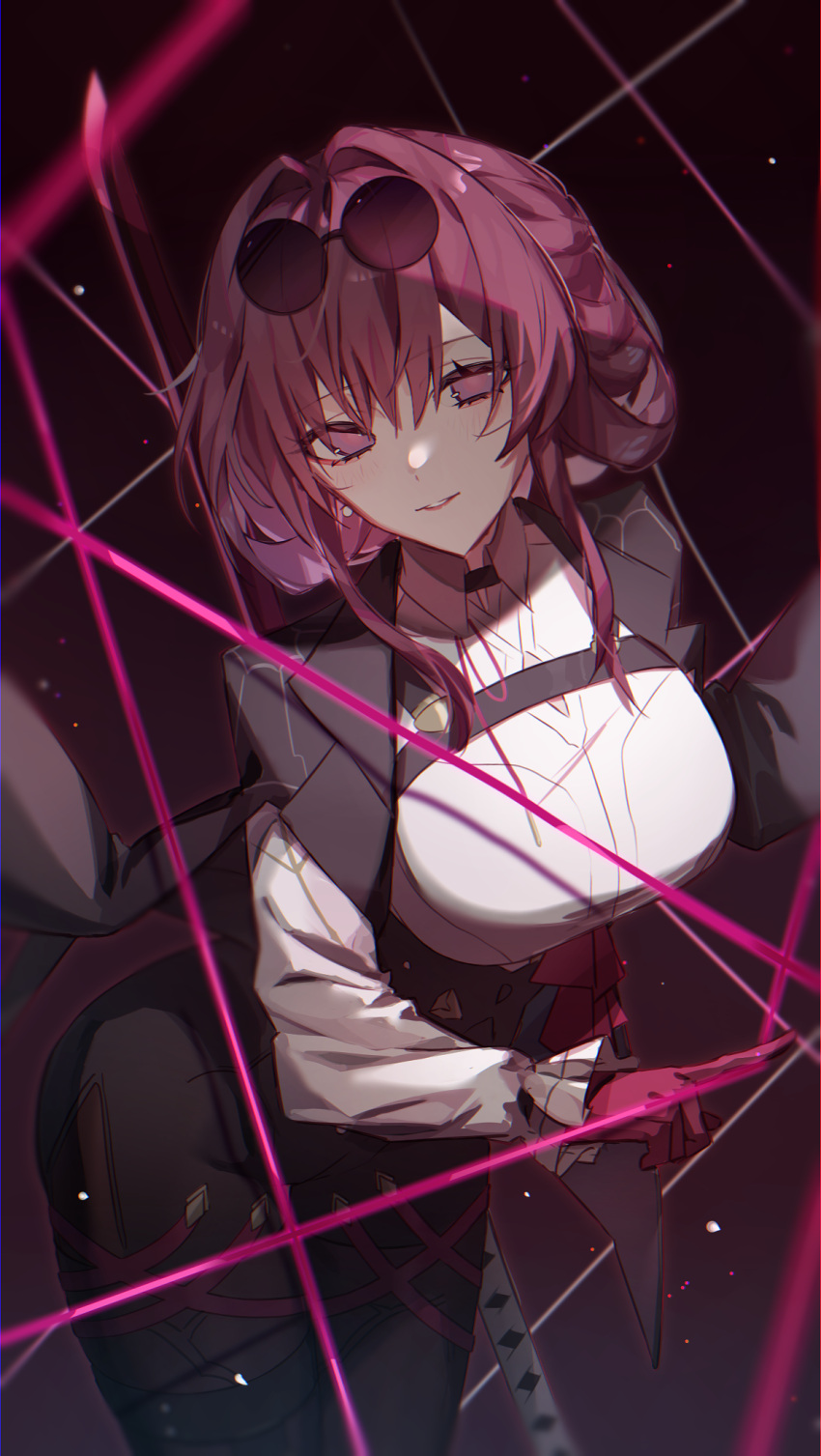 1girl black_background black_jacket boots breasts collared_shirt eyewear_on_head gloves hair_between_eyes high-waist_shorts highres honkai:_star_rail honkai_(series) jacket kafka_(honkai:_star_rail) karamaru626 large_breasts light_particles light_smile long_hair long_sleeves looking_at_viewer pantyhose pantyhose_under_shorts parted_lips purple_gloves purple_hair round_eyewear shirt shorts single_thigh_boot smile sunglasses thigh_boots thread violet_eyes white_shirt