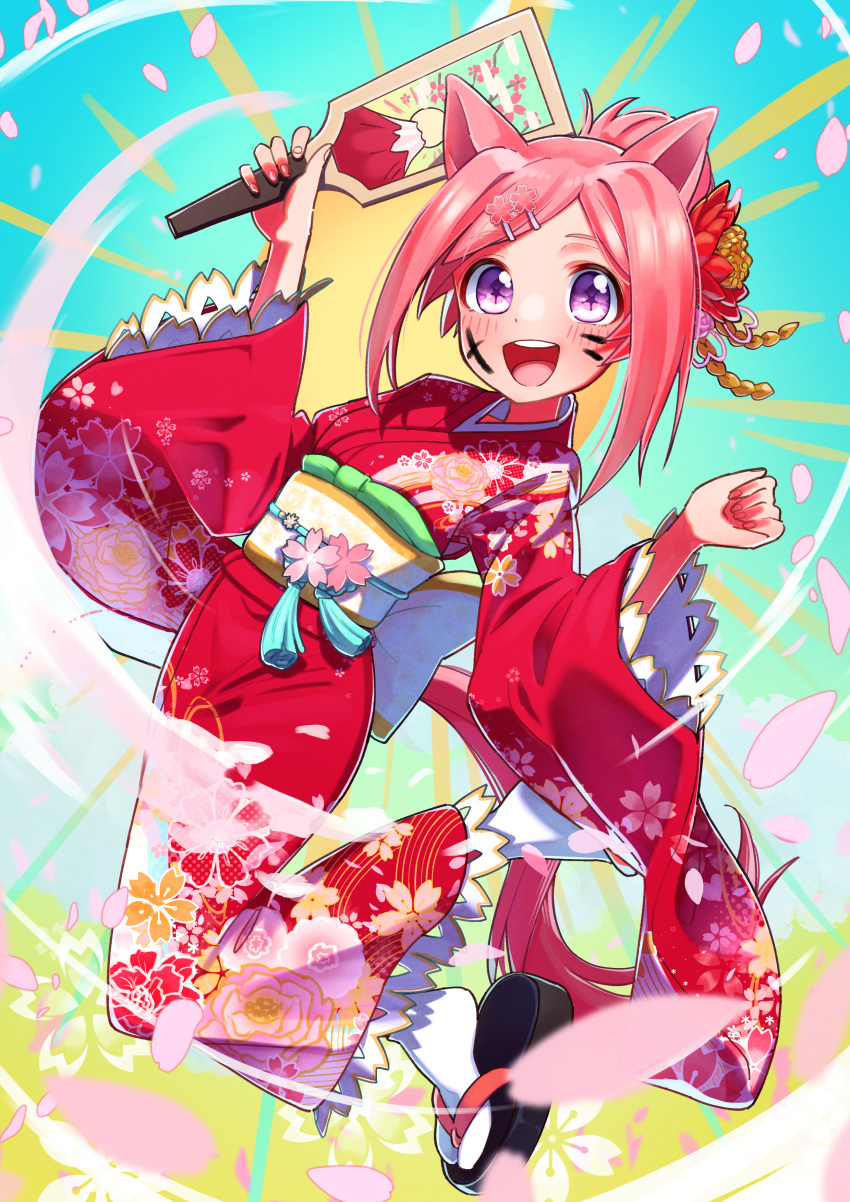 1girl absurdres alternate_costume alternate_hairstyle animal_ears arms_at_sides blush breasts cherry_blossoms freely2327 full_body haru_urara_(umamusume) highres holding horse_ears horse_girl horse_tail japanese_clothes kimono looking_at_viewer new_year petals pink_hair small_breasts solo tail umamusume violet_eyes