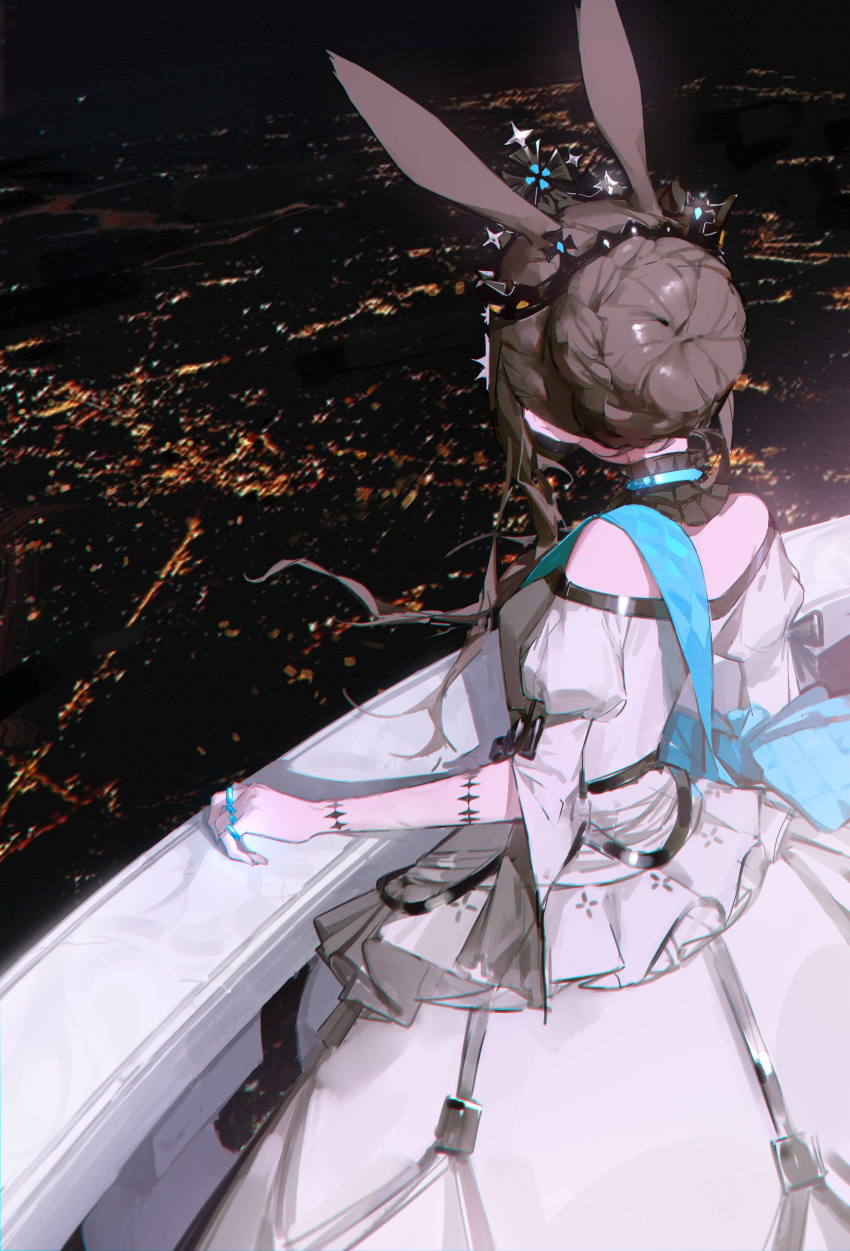 1girl absurdres ambience_synesthesia amiya_(arknights) animal_ears arknights balcony black_bow black_collar blue_choker bow braid braided_bun breasts brown_hair choker chromatic_aberration city city_lights cityscape collar commentary crown dress english_commentary extra_ears facing_away floating_hair frilled_collar frilled_dress frills from_above from_behind hair_bun hand_rest highres horizon infection_monitor_(arknights) jewelry juliet_sleeves laowei layered_dress long_dress long_hair long_sleeves multiple_rings night off-shoulder_dress off_shoulder official_alternate_costume outdoors puffy_sleeves rabbit_ears rabbit_girl ring shadow shoulder_strap sidelighting sidelocks small_breasts solo standing white_dress