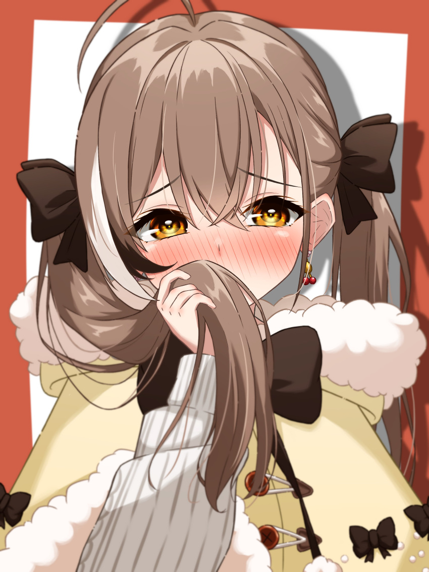 1girl absurdres ahoge alternate_hairstyle berry blush brown_eyes brown_hair capelet crossed_bangs double-parted_bangs earrings food-themed_earrings fur_trim furrowed_brow hair_between_eyes hair_ribbon highres holding_own_hair hololive hololive_english jewelry looking_at_viewer mitarashi_(mitirishi) multicolored_hair nanashi_mumei nanashi_mumei_(3rd_costume) official_alternate_costume ribbon simple_background sleeves_past_wrists streaked_hair sweater twintails virtual_youtuber white_capelet white_sweater