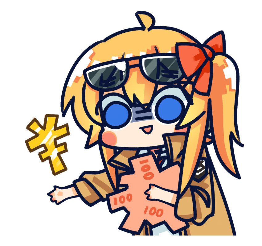 1girl ahoge blue_eyes blush_stickers brown_jacket chibi chinese_commentary commentary_request eyewear_on_head girls_frontline hair_between_eyes hair_ribbon highres holding holding_money jacket kalina_(girls'_frontline) long_hair long_sleeves money official_art open_mouth orange_hair outstretched_arm red_ribbon ribbon shaded_face shirt side_ponytail simple_background smile solo su_xiao_jei sunglasses upper_body white_background white_shirt yen_sign