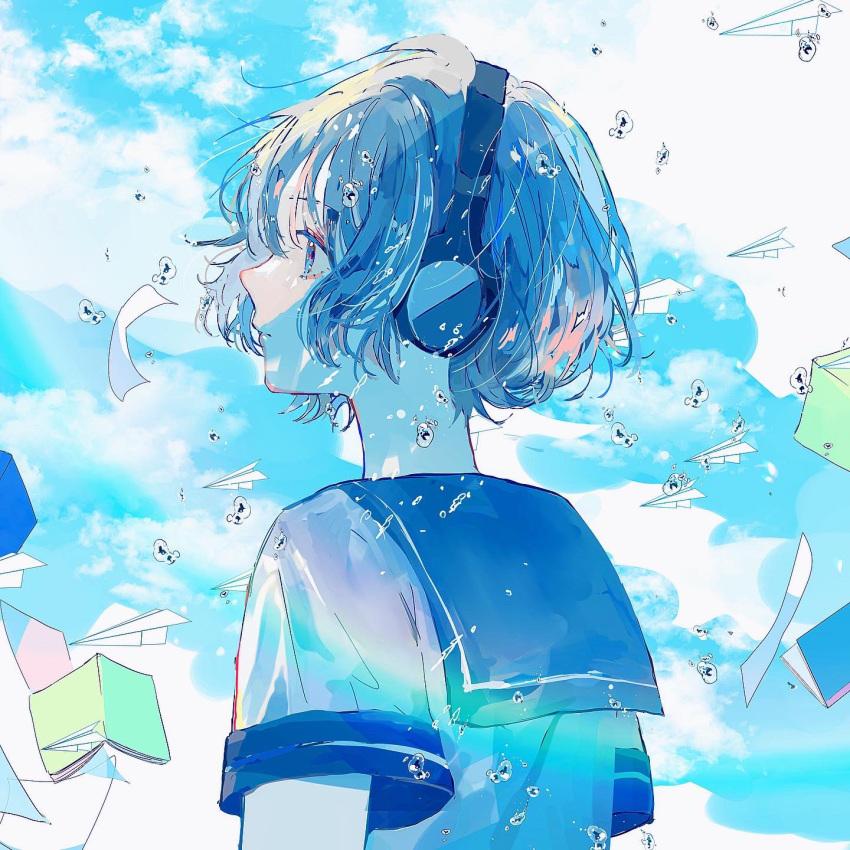 1girl :| arms_at_sides blue_sailor_collar blue_sky blue_theme bob_cut book closed_mouth clouds cloudy_sky expressionless floating from_side hagimorijia hair_between_eyes headphones highres looking_ahead open_book original outdoors paper_airplane profile sailor_collar school_uniform serafuku shirt short_hair short_sleeves sidelocks sky sleeve_cuffs solo upper_body water_drop white_shirt