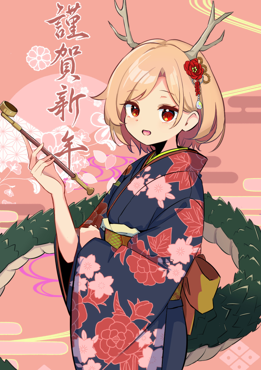 1girl antlers blonde_hair dragon_girl dragon_horns dragon_tail furisode happy_new_year harakune_(mugennero) highres horns japanese_clothes kicchou_yachie kimono looking_at_viewer new_year open_mouth red_eyes short_hair smoking_pipe tail touhou yellow_horns