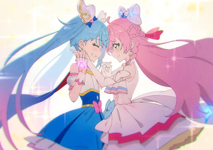 2girls blue_bow blue_hair blue_skirt bow braid closed_eyes closed_mouth cowboy_shot cure_prism cure_sky dress earrings elbow_gloves facing_another fingerless_gloves frilled_skirt frills from_side gloves green_eyes grin hair_bow hair_ornament highres hirogaru_sky!_precure holding_hands jewelry long_hair looking_at_another magical_girl multiple_girls nijigaoka_mashiro pink_bow pink_hair precure sipeiren skirt smile sora_harewataru standing twintails waist_bow white_bow white_dress white_gloves yellow_background