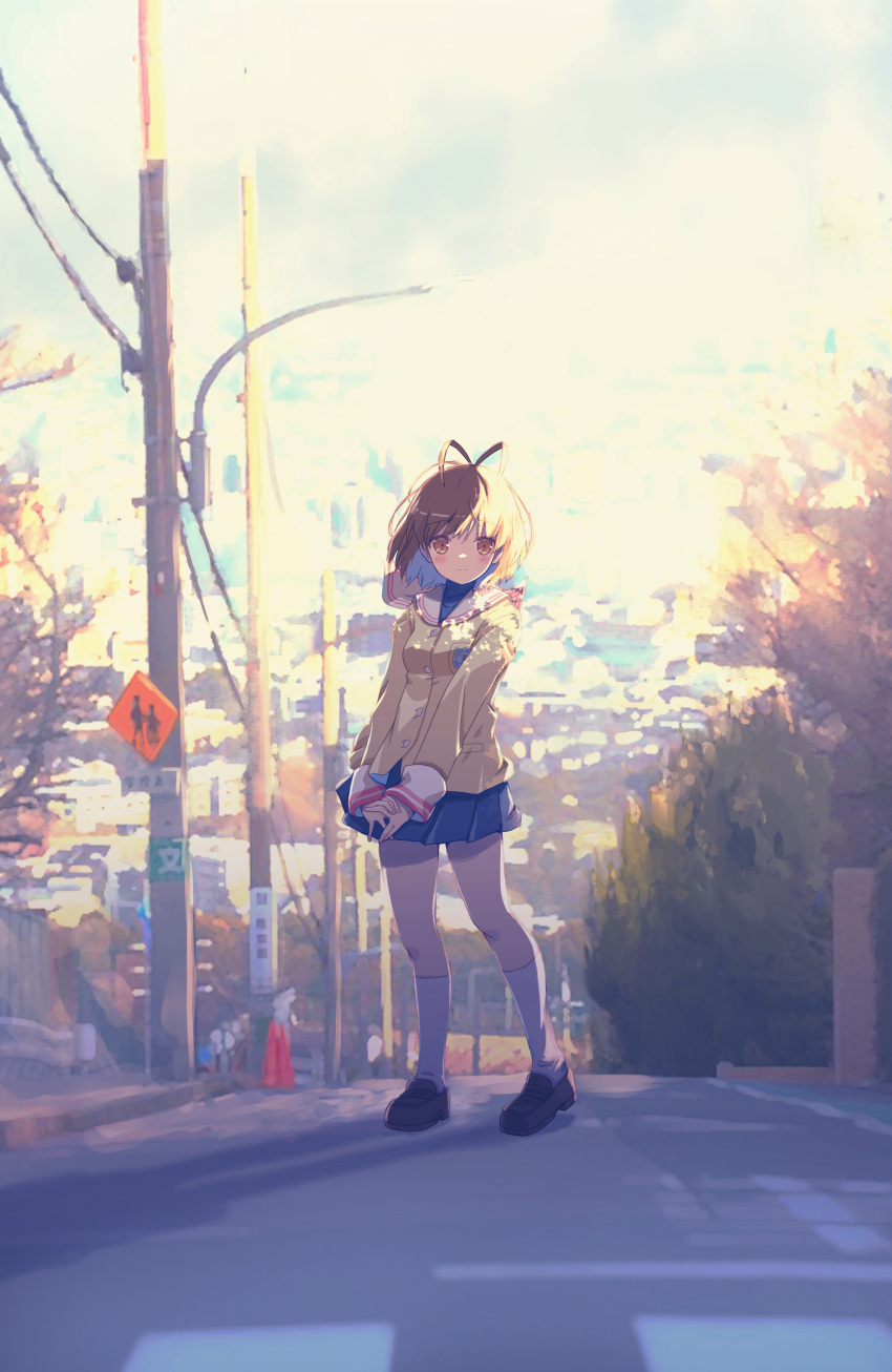 1girl absurdres akayama_yukihe antenna_hair blue_skirt blurry blurry_background blush brown_eyes brown_footwear brown_hair clannad closed_mouth commentary_request dappled_sunlight expressionless furukawa_nagisa highres hikarizaka_private_high_school_uniform jacket kneehighs landscape light_smile loafers long_sleeves looking_at_viewer medium_hair miniskirt own_hands_together photo_background pleated_skirt road_sign sailor_collar school_uniform shoes short_hair sidelighting sign skirt sleeves_past_wrists socks solo standing sunlight white_sailor_collar white_socks wide_shot yellow_jacket