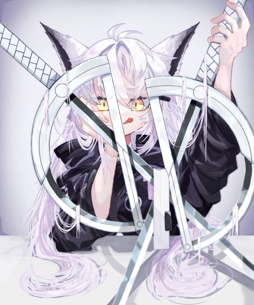 1girl animal_ears antenna_hair arknights arm_support arm_up black_jacket closed_mouth commentary_request eyelashes fingernails grey_hair hair_between_eyes hair_flowing_over hair_over_eyes hair_spread_out hand_on_own_cheek hand_on_own_face hand_up head_rest highres holding holding_sword holding_weapon jacket lappland_(arknights) leaning leaning_on_object licking_lips long_hair long_sleeves looking_at_viewer messy_hair multiple_swords multiple_weapons pale_skin rice_(user_ajpf5282) shadow smile solo straight-on sword tongue tongue_out upper_body very_long_hair weapon wide_sleeves wolf_ears wolf_girl yellow_eyes