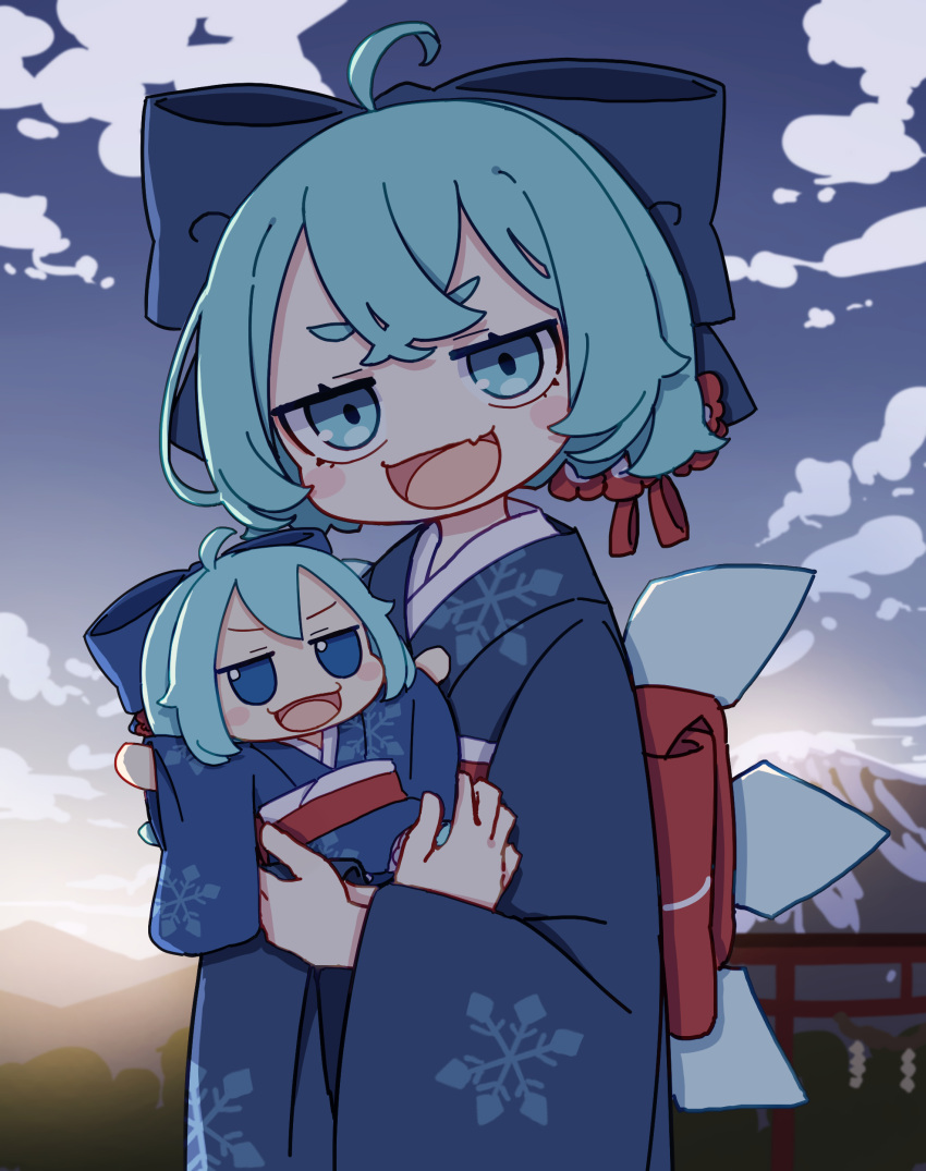 2girls absurdres ahoge blue_bow blue_eyes blue_hair blue_kimono blush_stickers bow cirno dual_persona fairy fang fumo_(doll) hair_bow highres ice ice_wings japanese_clothes kame_(kamepan44231) kimono long_sleeves looking_at_viewer multiple_girls obi open_mouth sash short_hair skin_fang smile touhou wide_sleeves wings